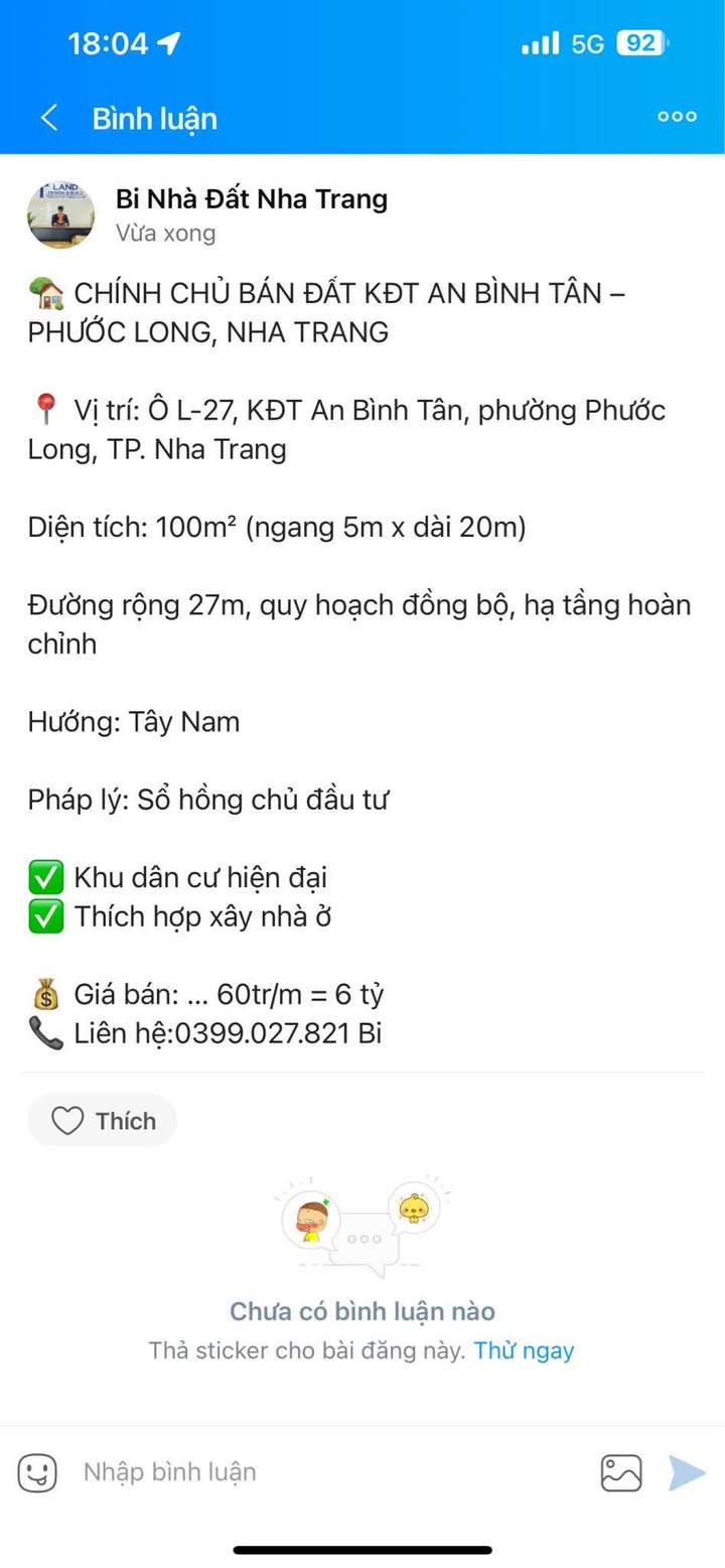 Đất nền KĐT An Bình Tân, Phước Long, Nha Trang 100m² - Chính chủ bán gấp!
