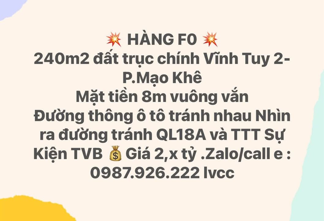 Đất nền Vĩnh Tuy 2, Mạo Khê 240m² giá 2 tỷ - Mặt tiền 8m, ô tô tránh nhau!
