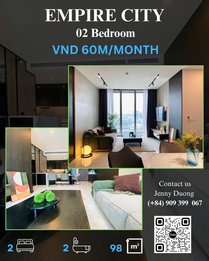 Căn hộ Empire City Quận 2 98m² giá 60 triệu - View sông Sài Gòn đẹp mắt!