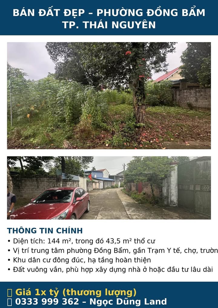 Đất thổ cư 144m² phường Đồng Bẩm, Thái Nguyên - Vị trí trung tâm, giá tốt
