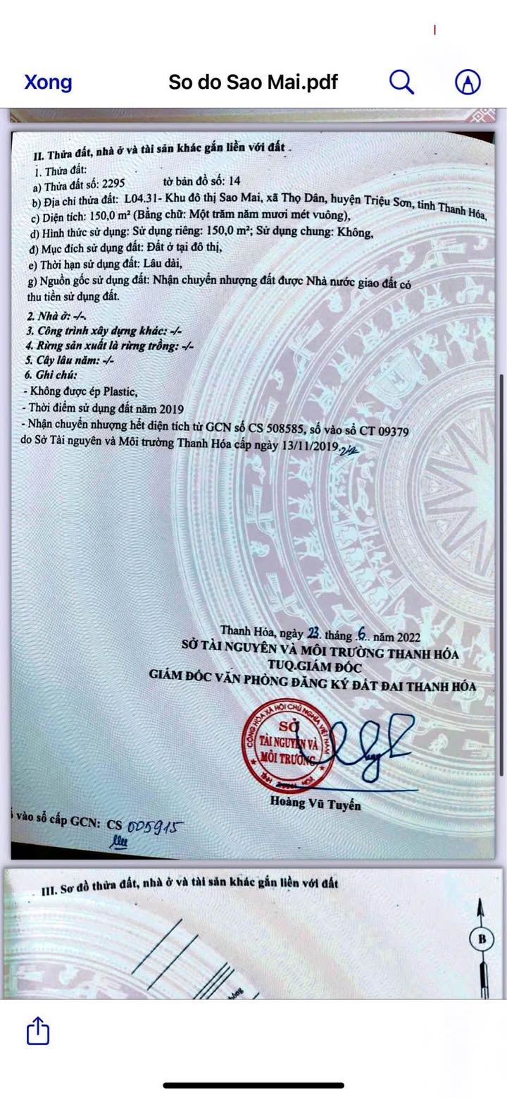 Đất nền Khu Đô Thị Sao Mai, Thọ Dân, Triệu Sơn 150m² giá 1 tỷ - Chính chủ bán gấp!