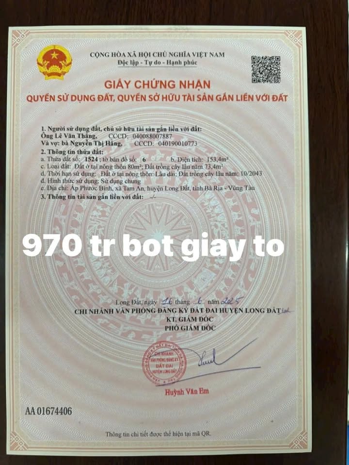 Đất thổ cư 150m² đường 12A, Tam Phước, Biên Hòa - Giá chỉ 970 triệu!