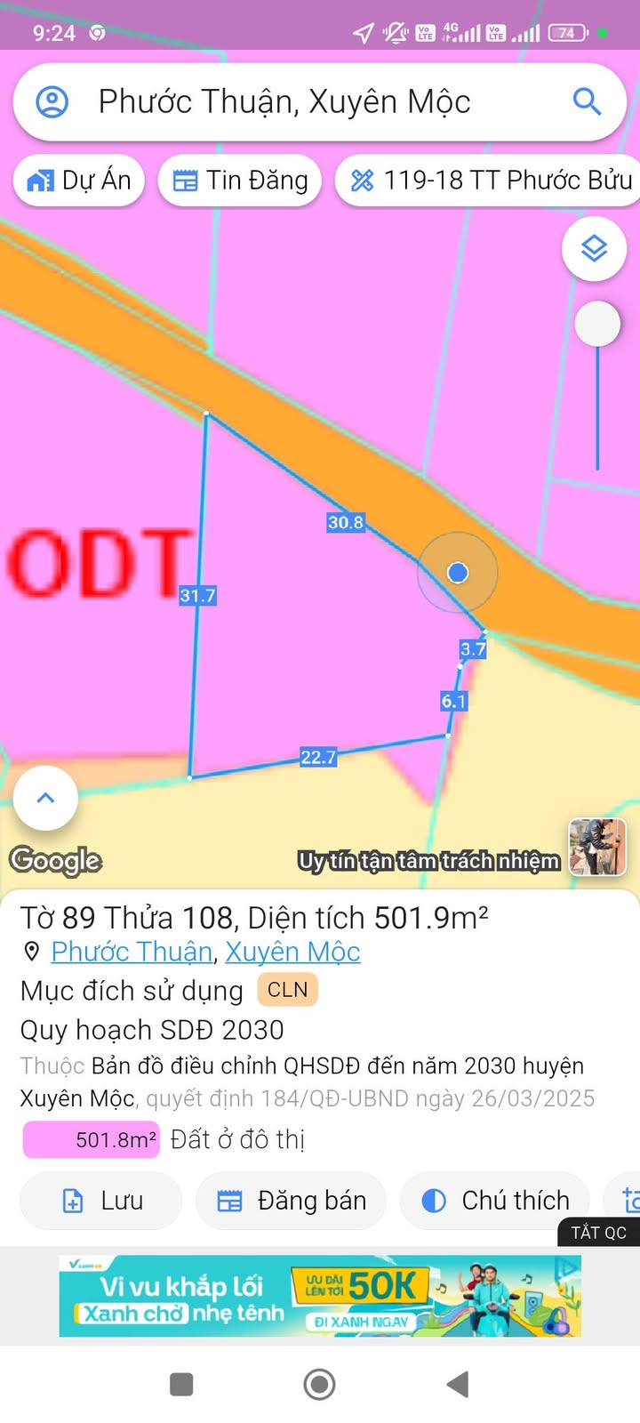 Đất nền Phước Thuận Xuyên Mộc 500m² giá chỉ 2.27 tỷ - View ruộng tuyệt đẹp!