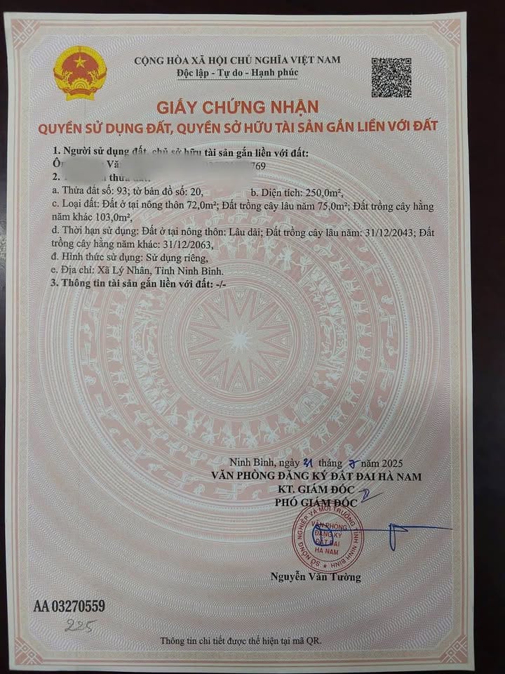 Đất mặt tiền 6m, dài gần 40m tại xã Chính Lý, Lý Nhân - Giá chỉ 900 triệu VND!