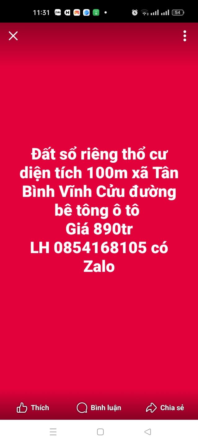 Đất thổ cư 100m² tại Tân Bình Vĩnh Cửu giá 890 triệu - Sổ đỏ chính chủ