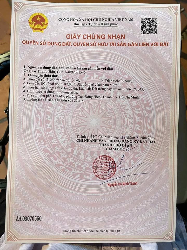 Đất thổ cư 93m² Tân Hiệp Dĩ An - Giá 1.8 tỷ - Đầu tư sinh lời cao!