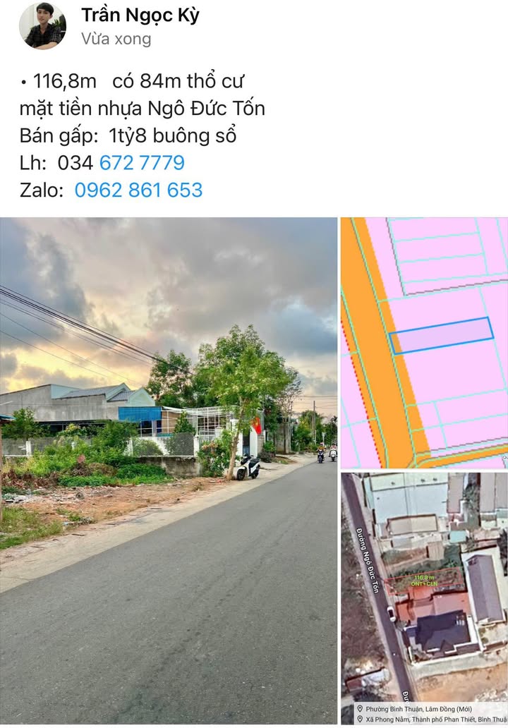 Đất thổ cư mặt tiền Ngô Đức Tốn, Phan Thiết 116.8m² - Sổ đỏ chính chủ, giá 1.8 tỷ!