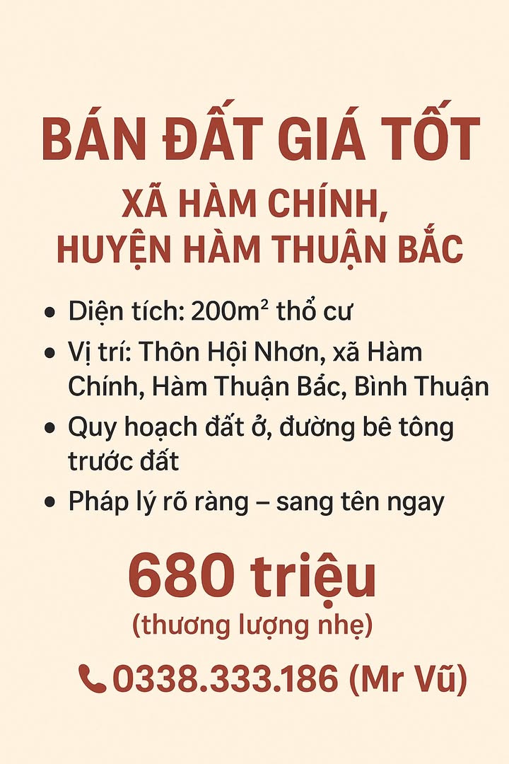 Đất thổ cư 200m² xã Hàm Chính, giá 680 triệu - Pháp lý rõ ràng, sang tên ngay!