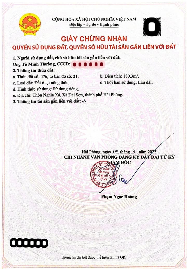 Đất thổ cư tại Thôn Nghĩa Xá, Xã Đại Sơn, 180.3m² - Đường ô tô vào tận nơi!