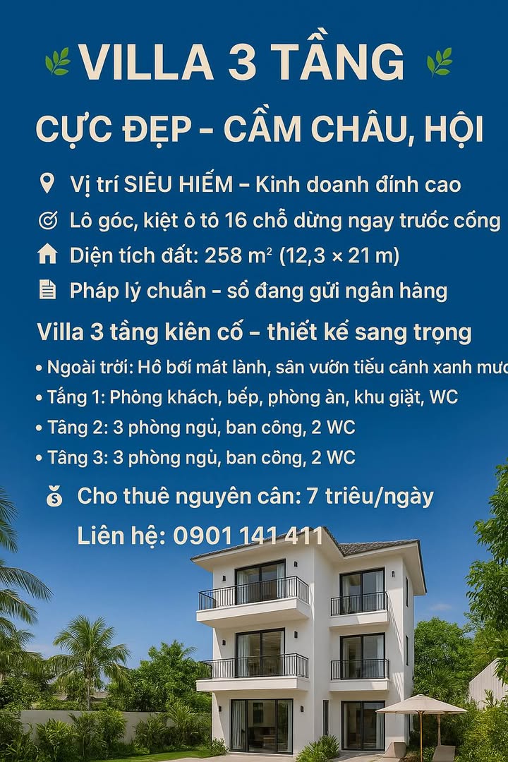 Villa 3 tầng Cẩm Châu, Hội An 258m² giá 7 triệu/ngày - Thích hợp cho thuê ngay!