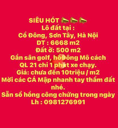 Lô đất Cổ Đông, Sơn Tây 6668m² giá chỉ 10 triệu/m² - Cơ hội đầu tư tuyệt vời!
