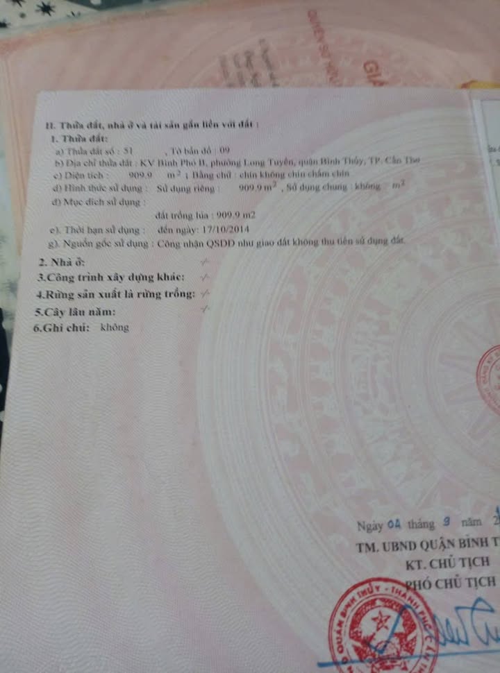 Đất lúa phường Long Tuyền 910m² giá thỏa thuận - Đầu tư sinh lời ngay!