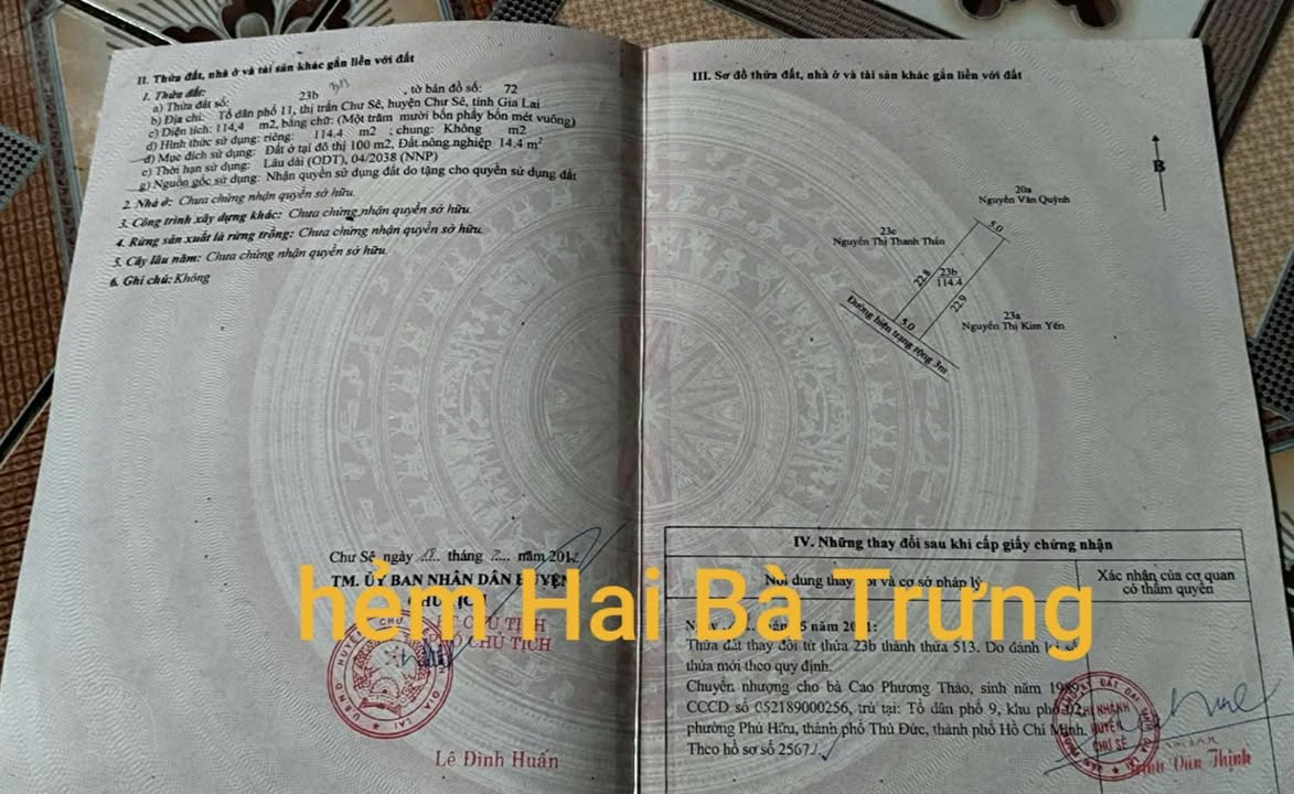 Đất thổ cư 115m² hẻm Hai Bà Trưng, Chư Sê, giá 850 triệu - Sổ đỏ chính chủ!