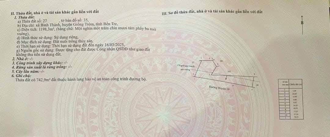 Đất mặt tiền đường HL-10 tại Bình Thành, Giồng Trôm 1200m² - Cơ hội đầu tư tuyệt vời!