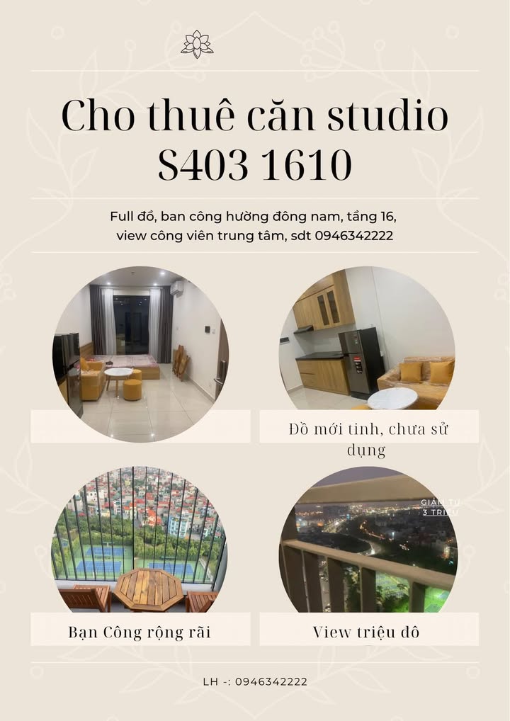 Căn hộ studio cho thuê S403.1610 tại Vinhomes Smart City 25m² - Full nội thất, view hồ đẹp!