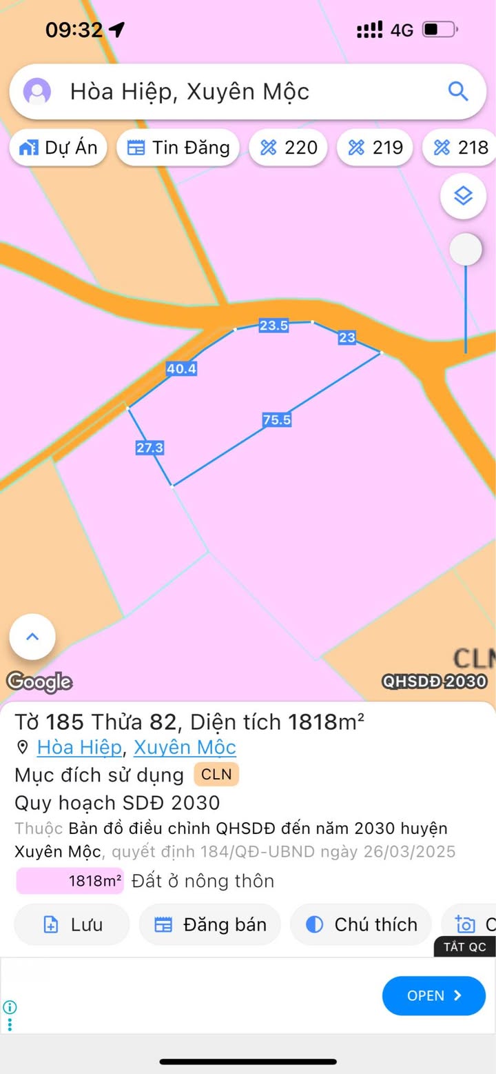 Đất Hòa Hiệp Xuyên Mộc 1818m² giá 1.6 tỷ - Lô góc đẹp, phù hợp làm nhà vườn!