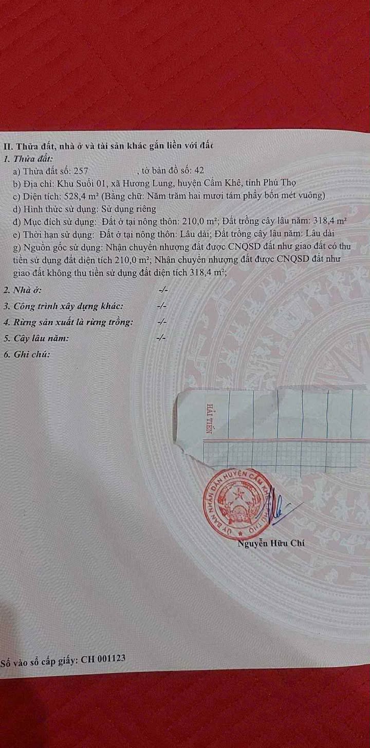 Đất thổ cư Hương Lung Cẩm Khê 528m² giá 1 tỷ - Đầu tư sinh lời ngay!