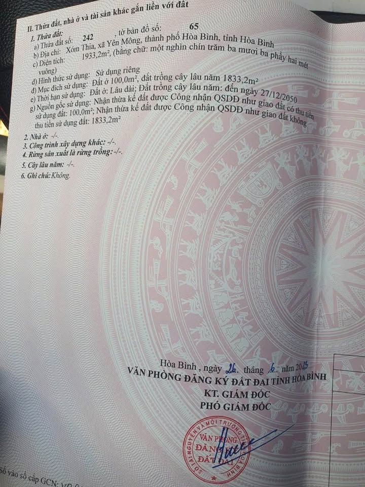 Đất nền rộng 1.933m² phố Thia, TP Hòa Bình - Giá chỉ 1 tỷ, sổ hồng chính chủ!