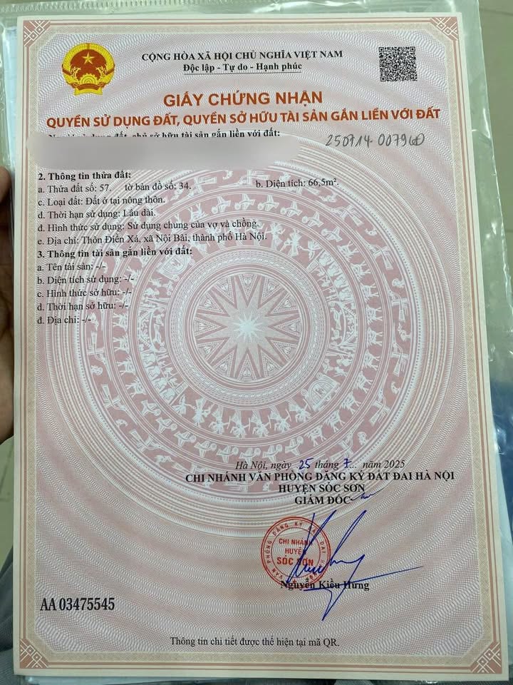 Đất thổ cư 66m² thôn Điền Xá, Nội Bài - Tặng nhà, chỉ cần dọn vào ở ngay!