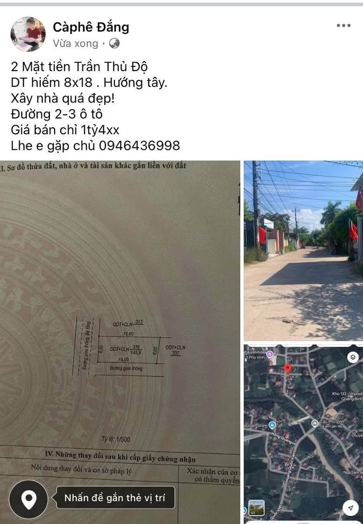 Đất mặt tiền Trần Thủ Độ Đồng Hới 144m² giá 1.4 tỷ - Cơ hội đầu tư tuyệt vời!