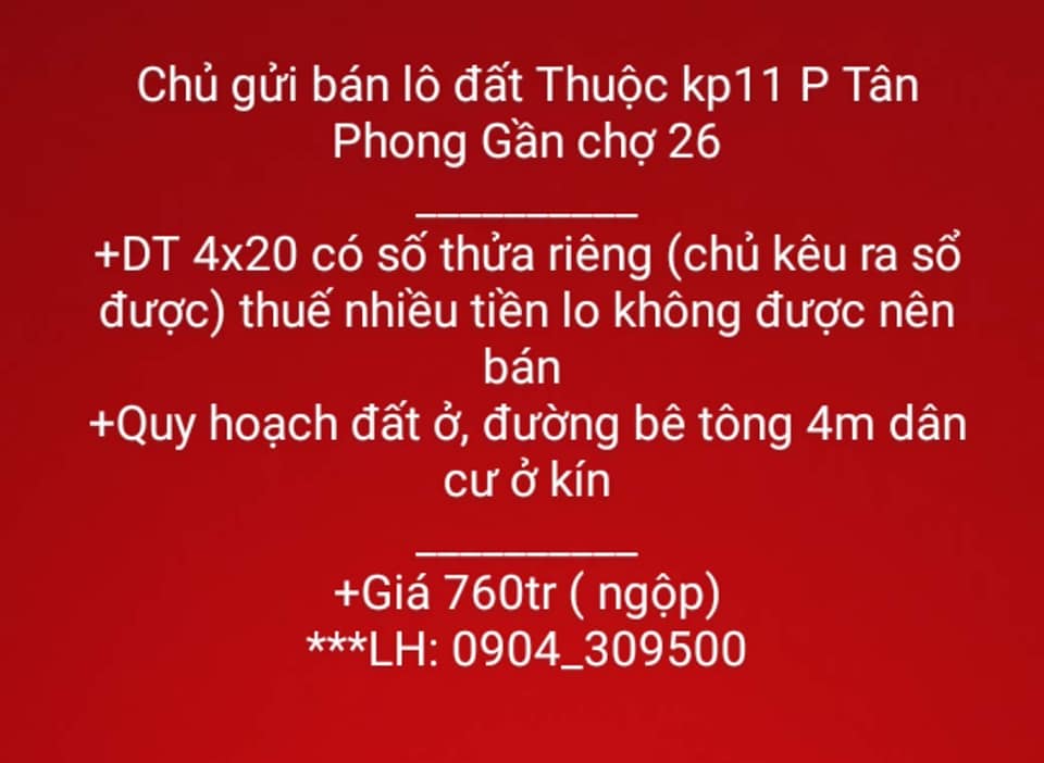 Đất nền khu phố 11, phường Tân Phong, Biên Hòa 80m² giá 760 triệu - Sổ đỏ chính chủ
