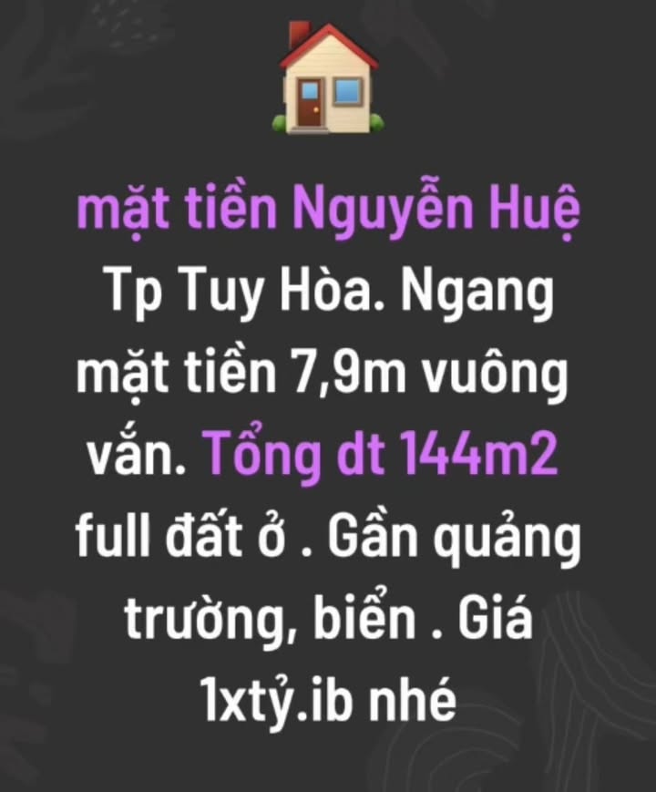 FrontHouse mặt tiền Nguyễn Huệ Tuy Hòa 144m² giá 1 tỷ - Vị trí đắc địa gần biển