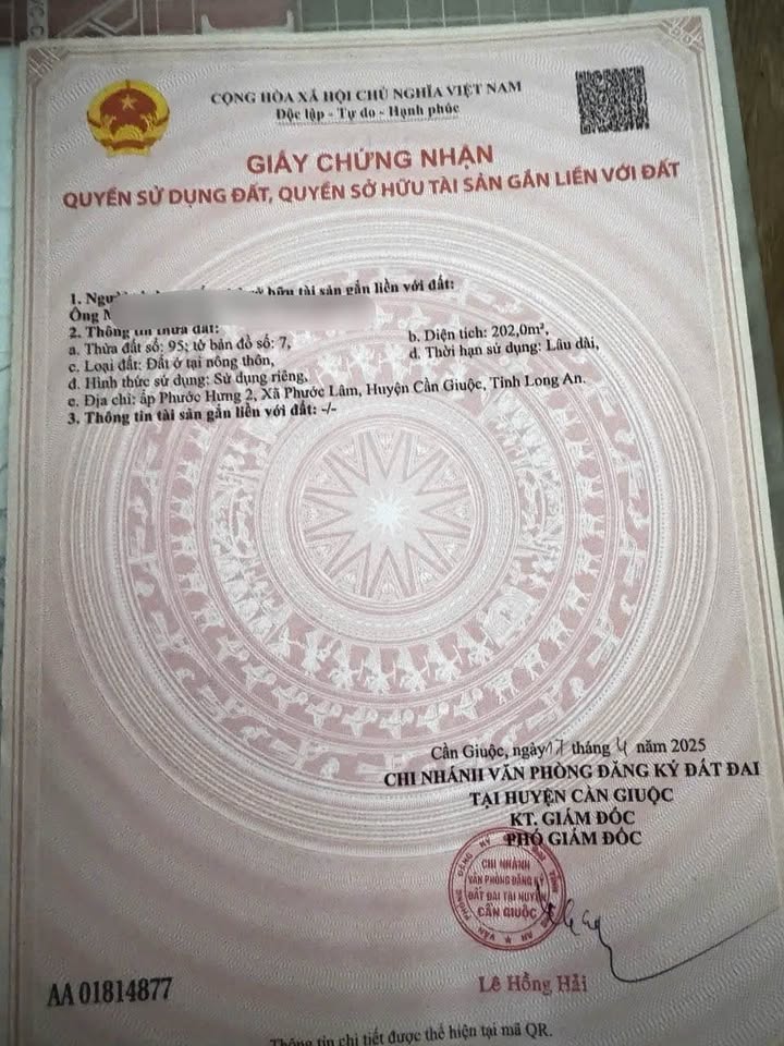 Đất nền xã Mỹ Lộc, Cần Giuộc 202m² giá 1.95 tỷ - Cơ hội đầu tư tuyệt vời!