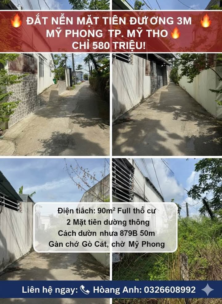 Đất nền mặt tiền đường 3m - Mỹ Phong, TP. Mỹ Tho - Chỉ 580 triệu, cơ hội đầu tư vàng!