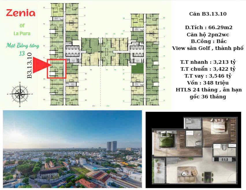 Căn hộ La Pura Thuận An 66m² giá 3.213 tỷ - View sân Golf tuyệt đẹp!