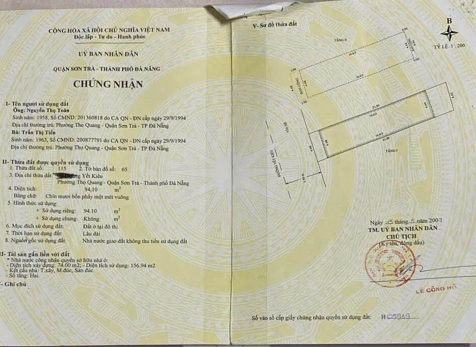 Nhà 2 tầng mặt tiền đường Yết Kiêu, Sơn Trà 94m² giá 7.4 tỷ - Cơ hội đầu tư tuyệt vời!