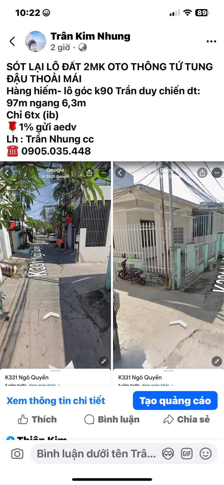 Đất góc 2 mặt tiền đường Trần Duy Chiến, Đà Nẵng 97m² giá 6 tỷ - Đầu tư sinh lời ngay!