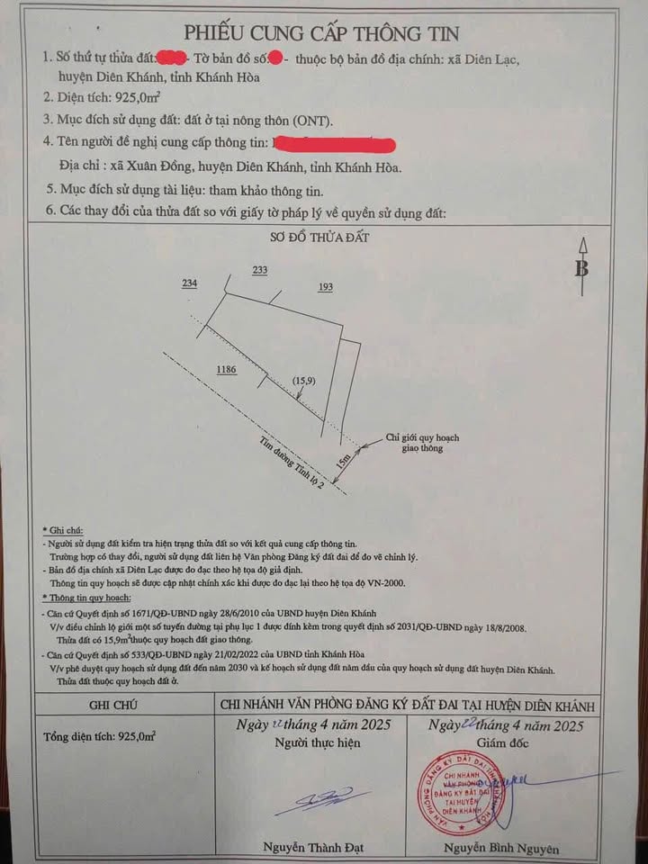 Đất nền Diên Lạc, Diên Khánh 925m² giá 15.725 tỷ - Tiềm năng đầu tư sinh lời!