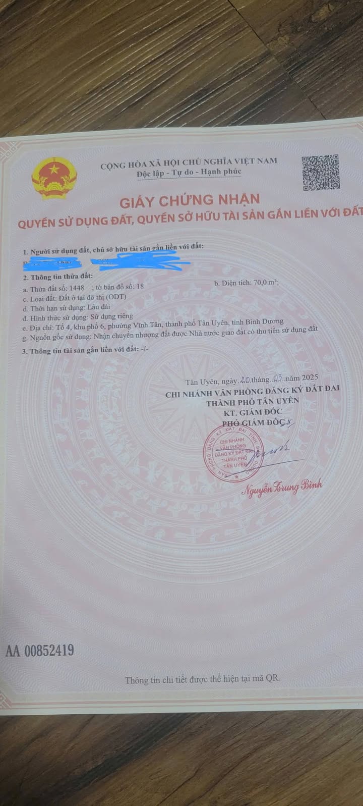 Đất thổ cư Vĩnh Tân 70m² giá 1 tỷ - Sổ đỏ chính chủ