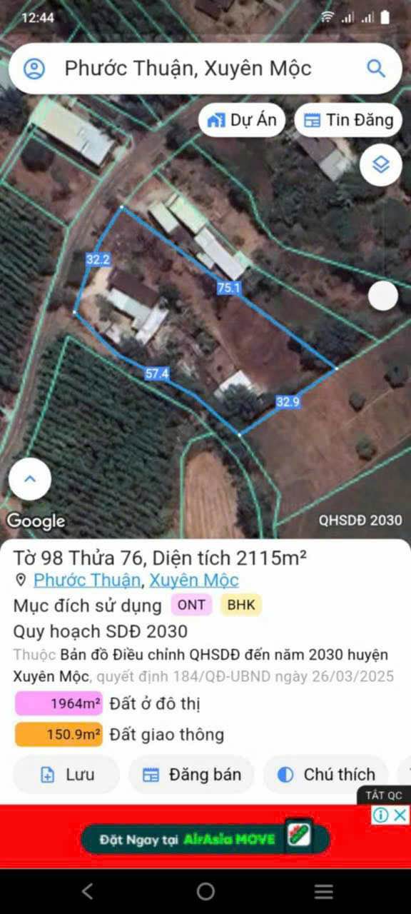 Đất 2 mặt tiền Phước Thuận, Hồ Tràm 2400m² giá 5 tỷ - Cơ hội đầu tư sinh lời!