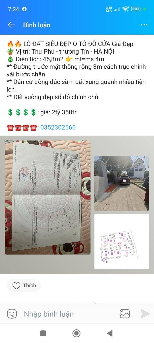 Lô đất Thư Phú, Thường Tín 45,8m² giá 2,35 tỷ - Chính chủ, ô tô đỗ cửa!