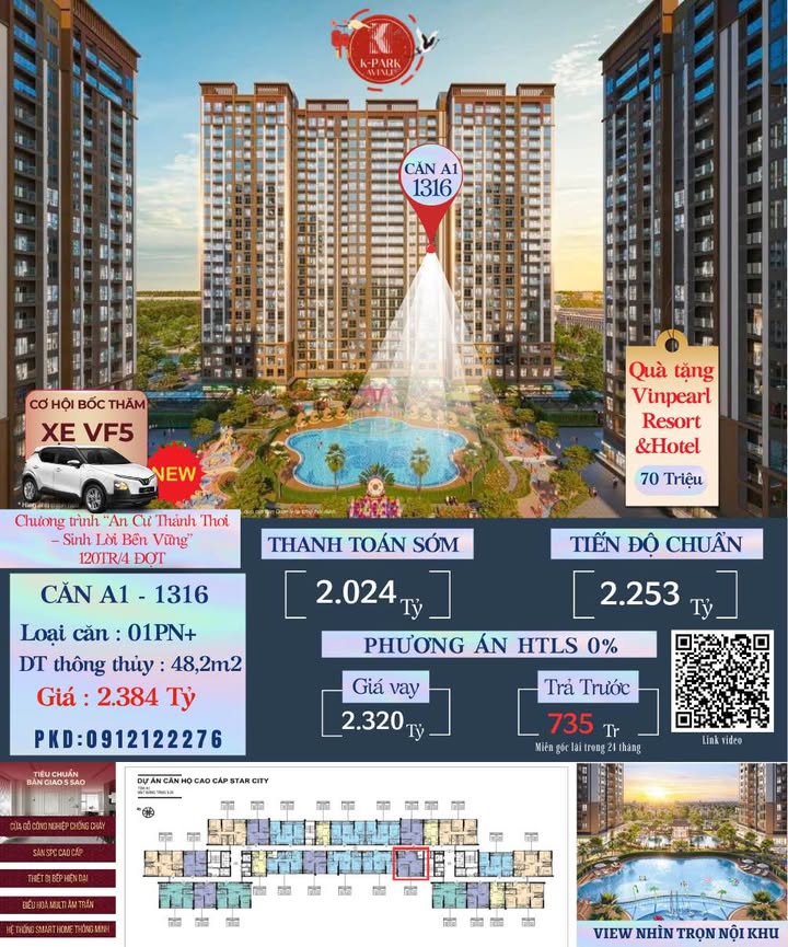 Căn hộ Vinhomes K-Park Avenue 48m² giá 1.9 tỷ - Cơ hội sở hữu ngay giữa trung tâm!