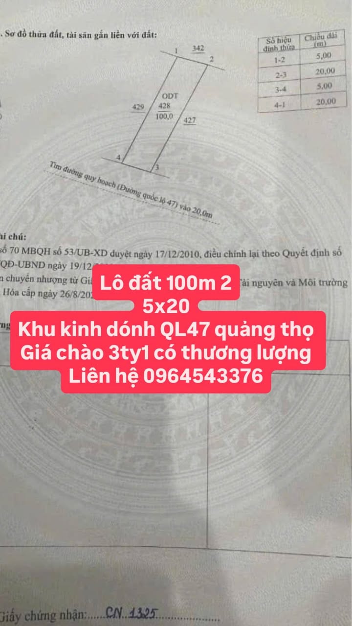Đất nền trục Quốc lộ 47, Quảng Thọ, Sầm Sơn 100m² giá chỉ 3 tỷ - Kinh doanh sầm uất!