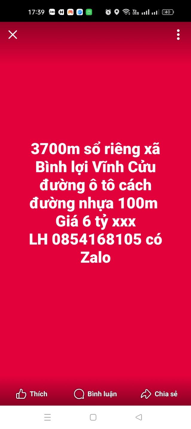 Đất nền 3700m² xã Bình Lợi Vĩnh Cửu giá 6 tỷ - Sổ đỏ chính chủ, ô tô vào tận nơi!
