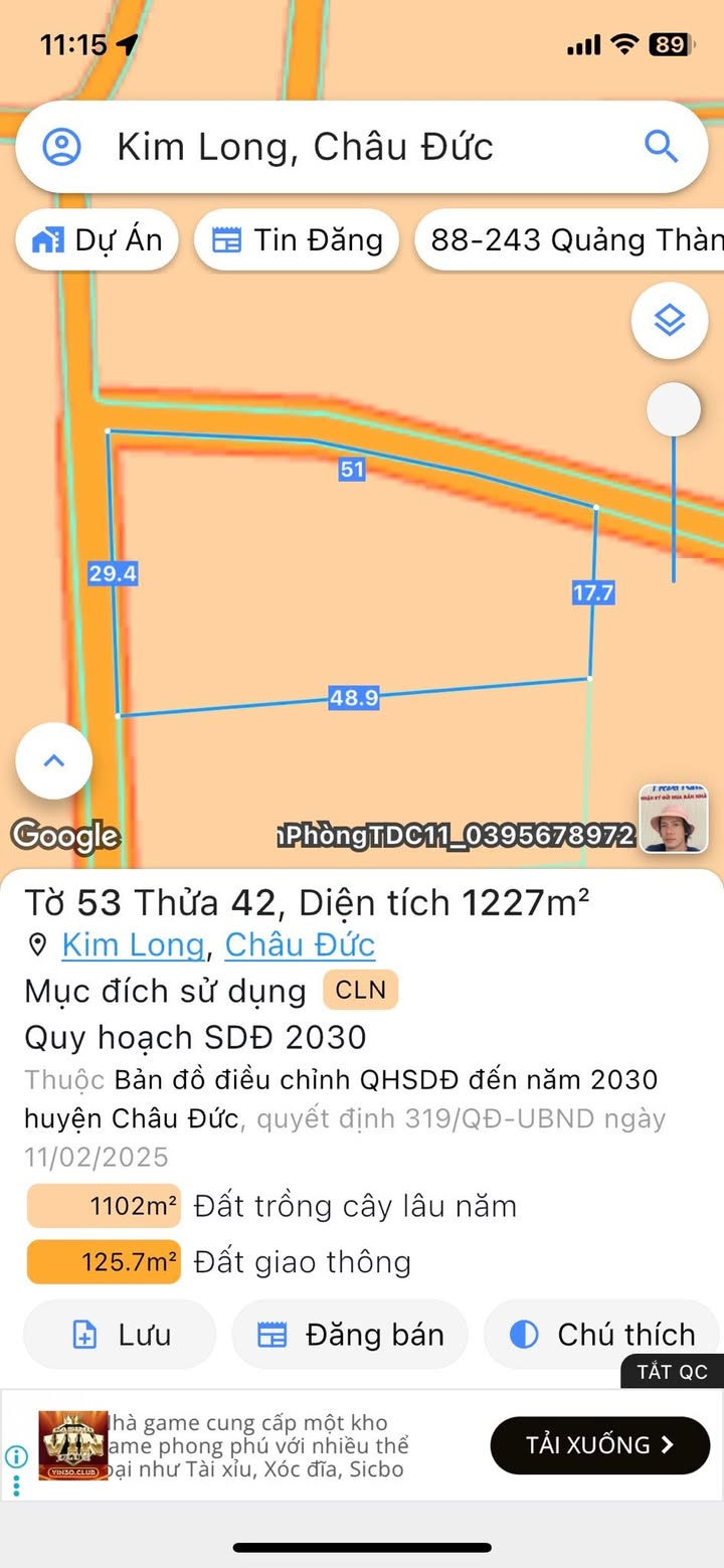 Đất nền Kim Long - Châu Đức 1227m² giá 2,5 tỷ - Lô góc 2 mặt tiền đẹp!