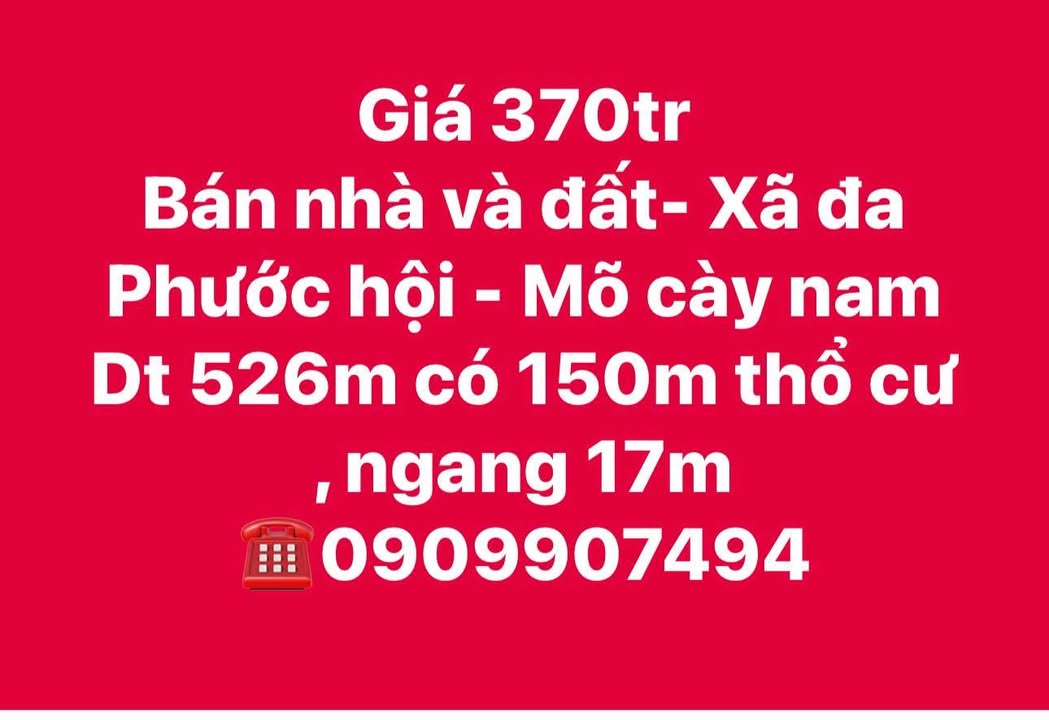 Đất nền xã Đa Phước Hội, Mỏ Cày Nam 526m² giá 370 triệu - Cơ hội đầu tư tuyệt vời!