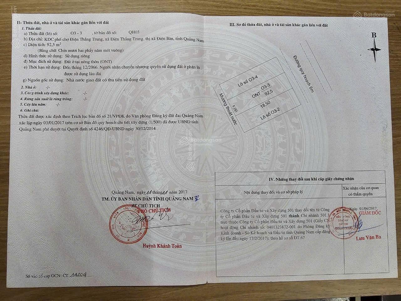 Đất nền Khu Phố Chợ Thanh Quýt, Điện Bàn - 92.5m² giá 1.85 tỷ - Sổ hồng rõ ràng