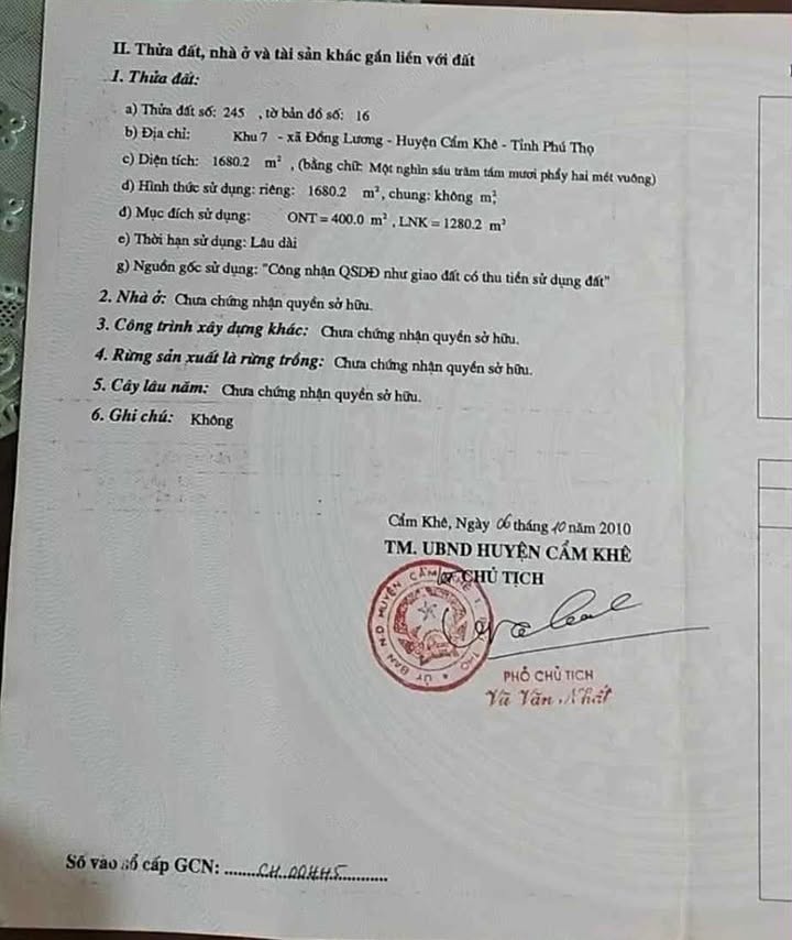 Đất nền xã Đồng Lương, Cẩm Khê, Phú Thọ 1680m² - Đầu tư sinh lời ngay!