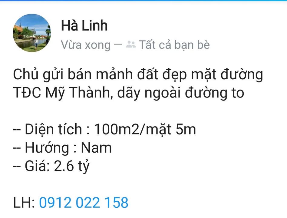 Đất nền TĐC Mỹ Thành 100m² giá 2.6 tỷ - Đầu tư sinh lời nhanh!