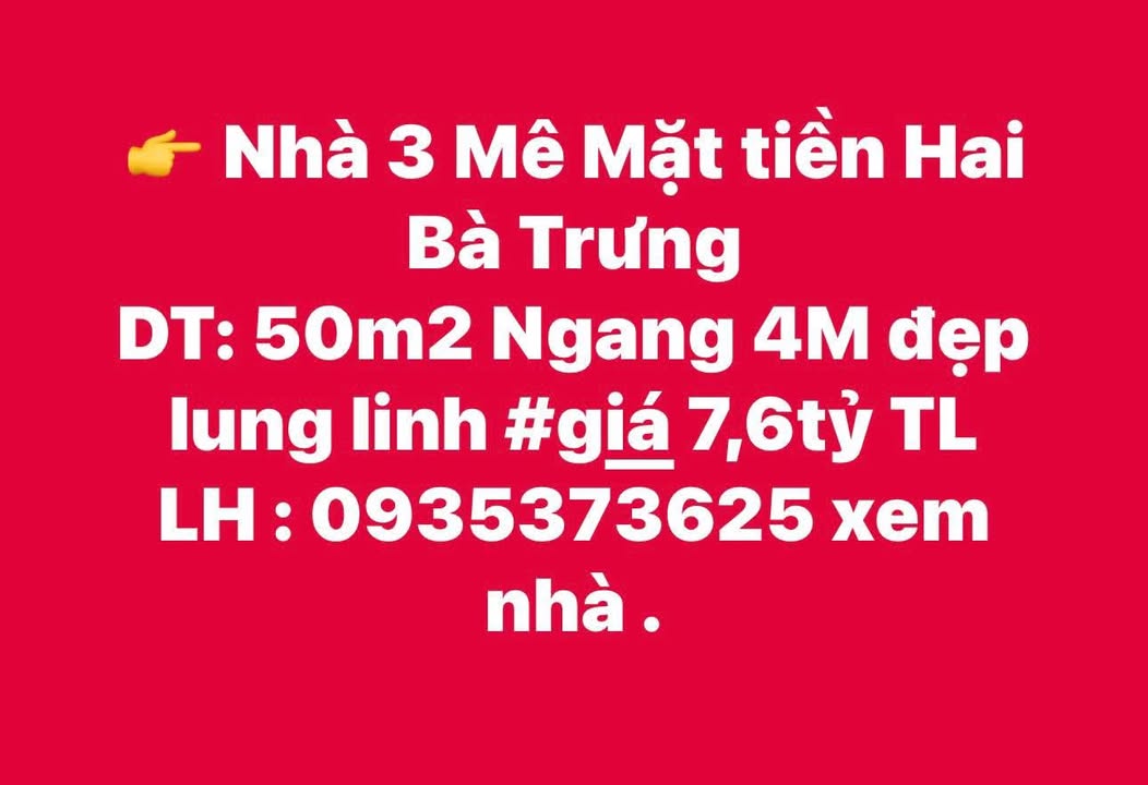 Nhà 3 tầng mặt tiền Hai Bà Trưng, Quy Nhơn 50m² giá 7.6 tỷ - Tiện nghi đầy đủ!