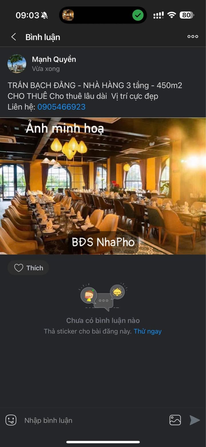 Nhà hàng 3 tầng Trần Bạch Đằng 450m² - Cho thuê lâu dài vị trí cực đẹp!