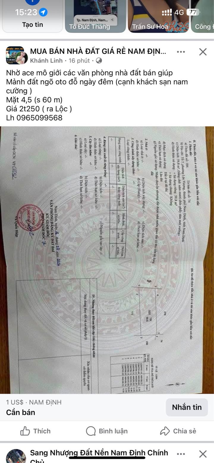 Bán đất đường Bái, Nam Định 60m² giá 2.25 tỷ - Ô tô đỗ ngày đêm