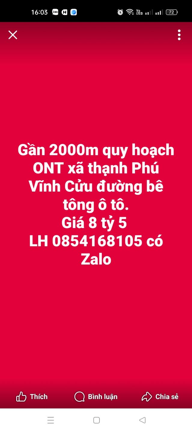 Đất nền ONT xã Thạnh Phú Vĩnh Cửu 2000m² giá 8.5 tỷ - Cơ hội đầu tư tuyệt vời!