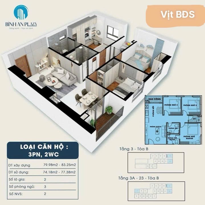 Chung cư Bình An, Thanh Hóa 77.38m² giá 2 tỷ - Tầng 20 view thoáng mát!