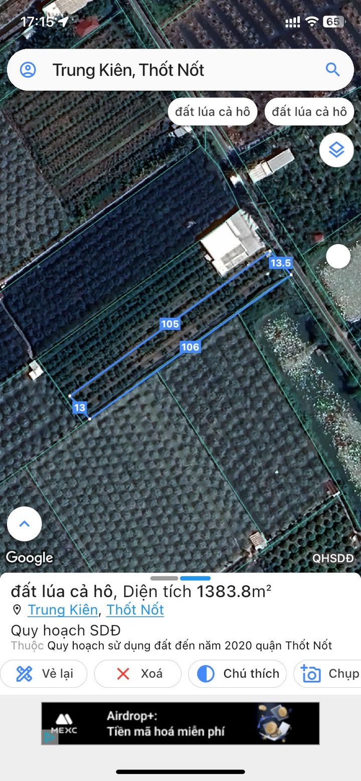 Đất vườn Trung Kiên, Thốt Nốt 1384m² - Đang trồng mãng cầu na, giá thỏa thuận!