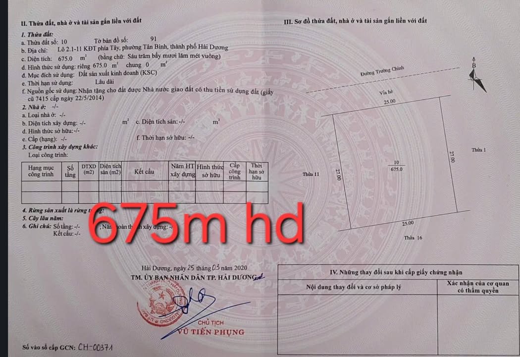 Đất Biệt thự Trường Chinh Hải Dương 675m² - Mặt tiền 25m, Giá cực ưu đãi!